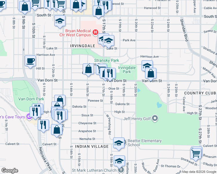 map of restaurants, bars, coffee shops, grocery stores, and more near 1727 Otoe Street in Lincoln