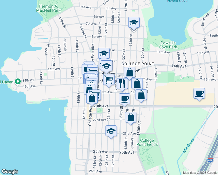 map of restaurants, bars, coffee shops, grocery stores, and more near 1542 125th Street in Queens