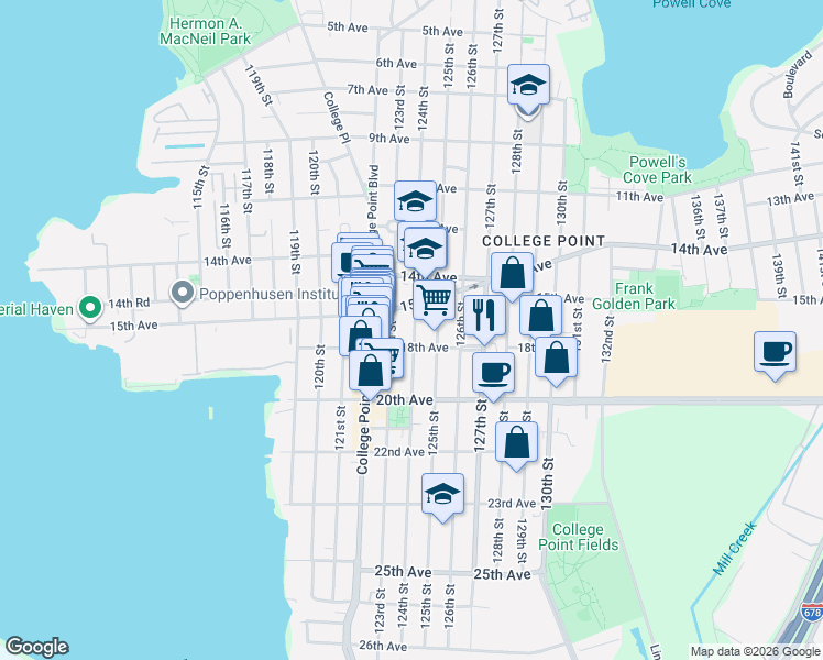 map of restaurants, bars, coffee shops, grocery stores, and more near 1542 125th Street in Queens