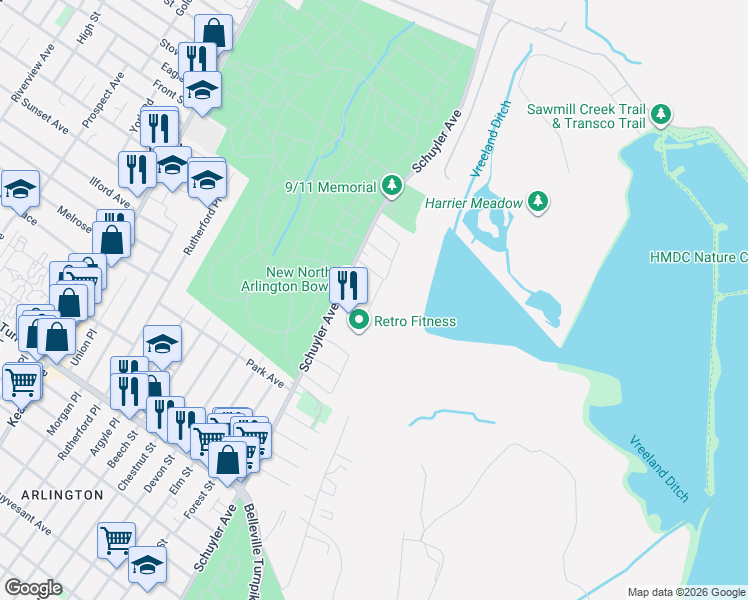 map of restaurants, bars, coffee shops, grocery stores, and more near 10 Geraldine Road in North Arlington