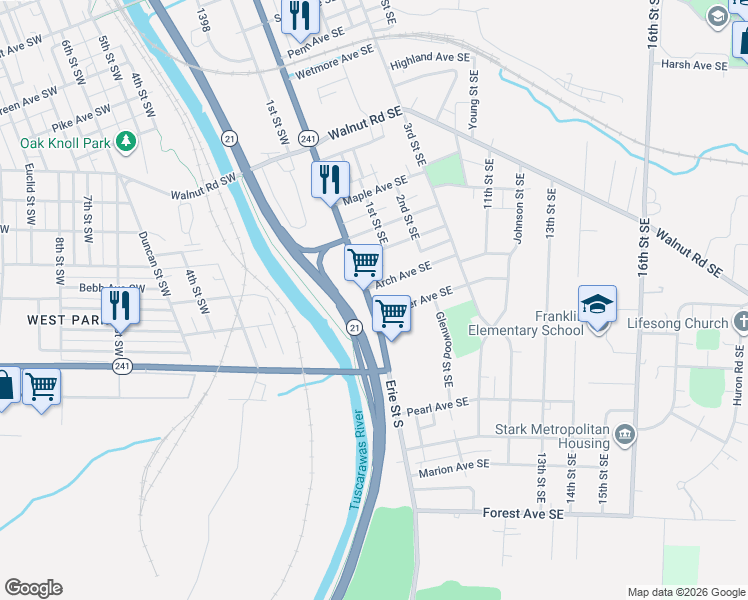 map of restaurants, bars, coffee shops, grocery stores, and more near 22 Shriver Avenue Southeast in Massillon