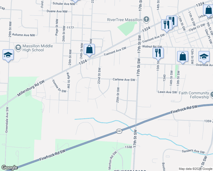 map of restaurants, bars, coffee shops, grocery stores, and more near 2113 Margilee Drive Southwest in Massillon