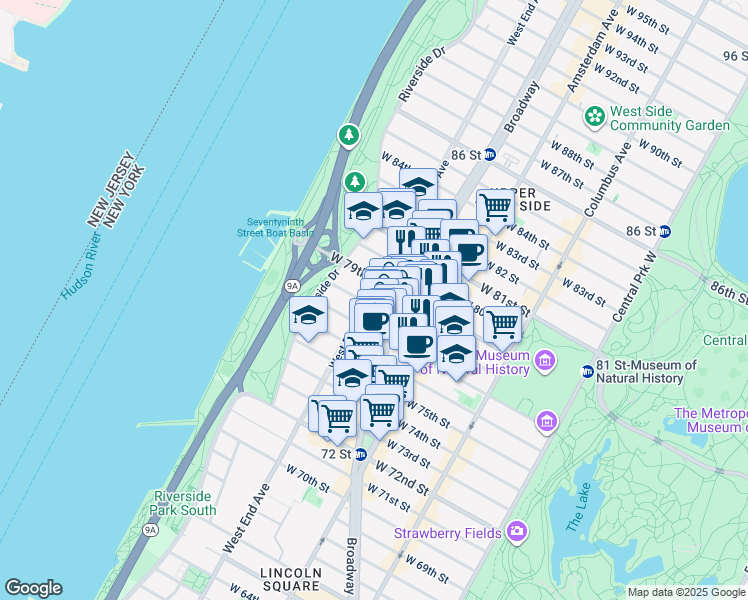 map of restaurants, bars, coffee shops, grocery stores, and more near in New York