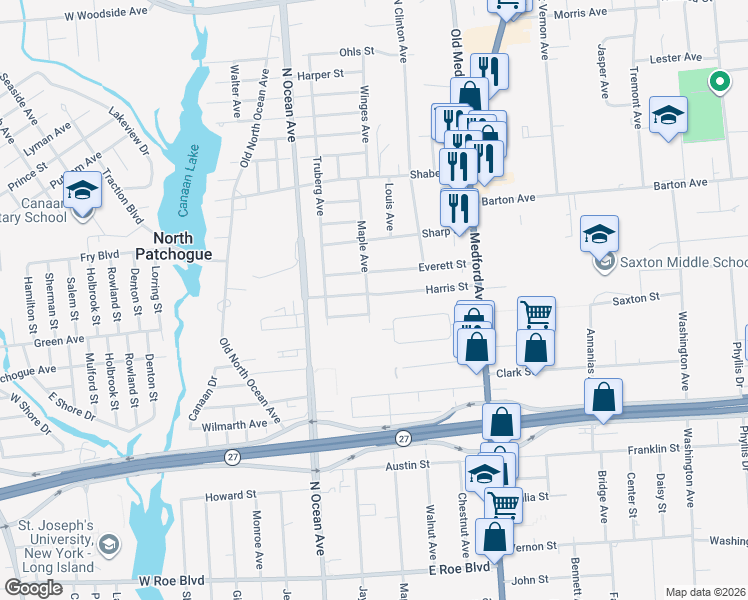 map of restaurants, bars, coffee shops, grocery stores, and more near 39 Herbert Circle in Patchogue