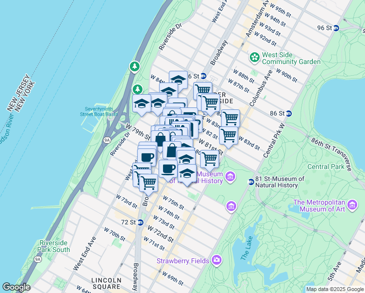 map of restaurants, bars, coffee shops, grocery stores, and more near 200 West 80th Street in New York