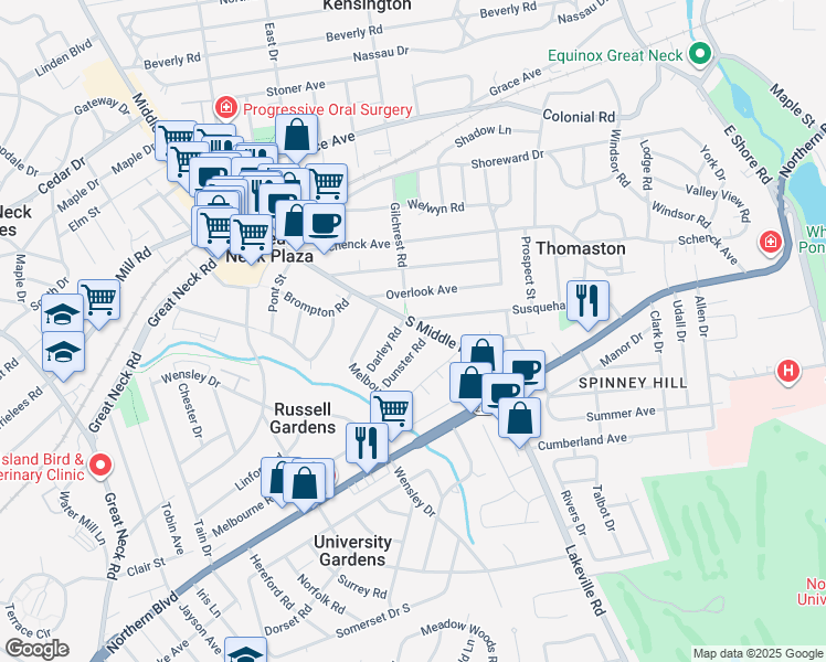 map of restaurants, bars, coffee shops, grocery stores, and more near 3 Dunster Road in Great Neck