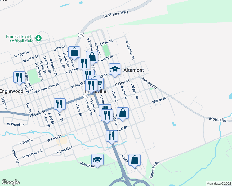 map of restaurants, bars, coffee shops, grocery stores, and more near 130 South Broad Mountain Avenue in Frackville