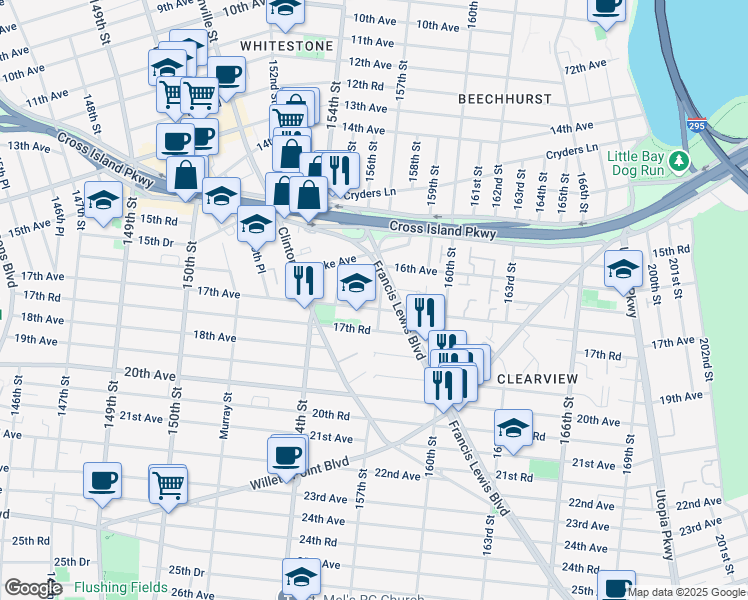 map of restaurants, bars, coffee shops, grocery stores, and more near 16-48 157th Street in Queens