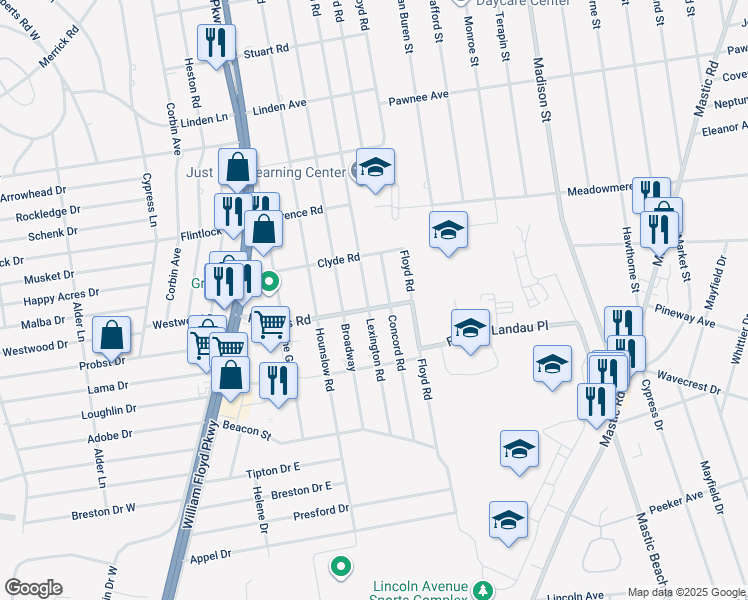 map of restaurants, bars, coffee shops, grocery stores, and more near 15 Roberts Road in Shirley