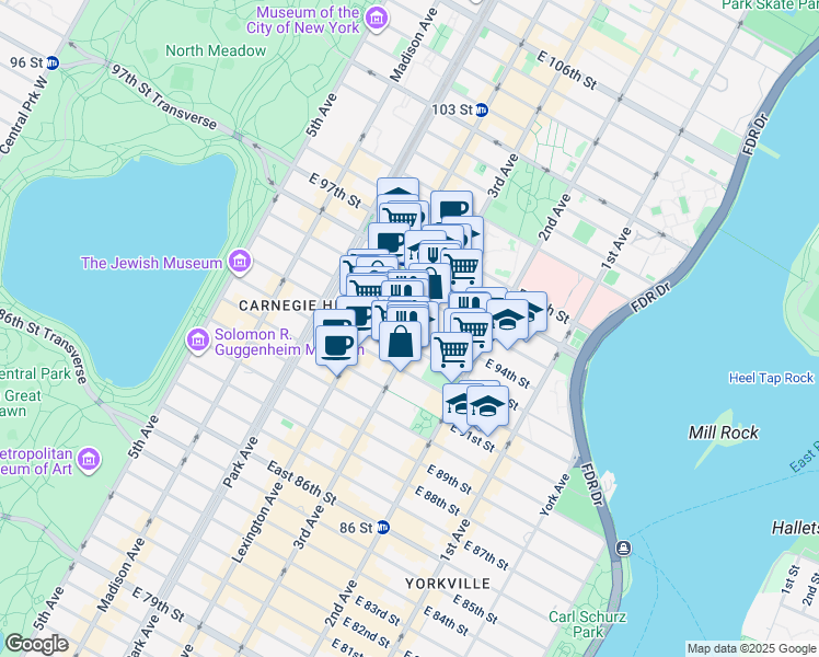map of restaurants, bars, coffee shops, grocery stores, and more near 1660 3rd Avenue in New York
