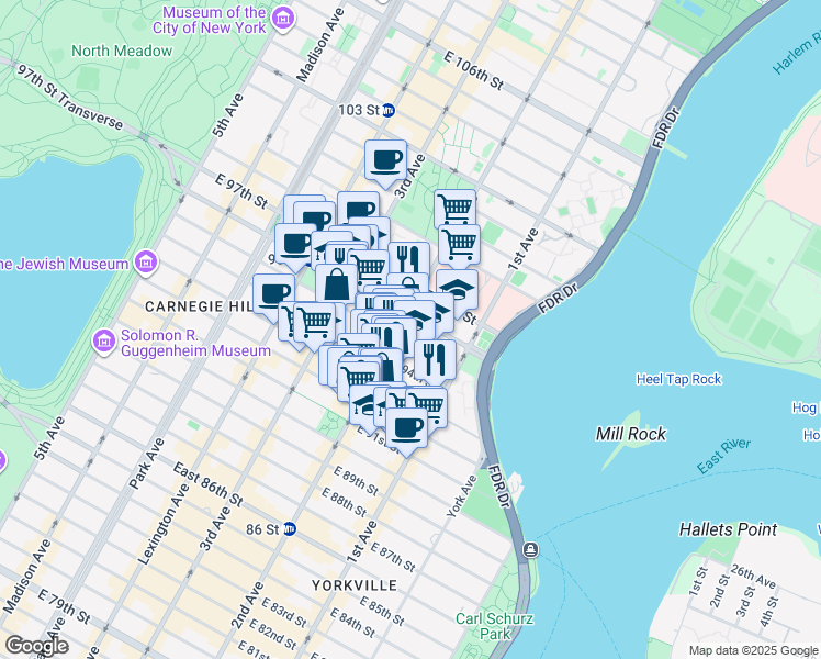 map of restaurants, bars, coffee shops, grocery stores, and more near in New York