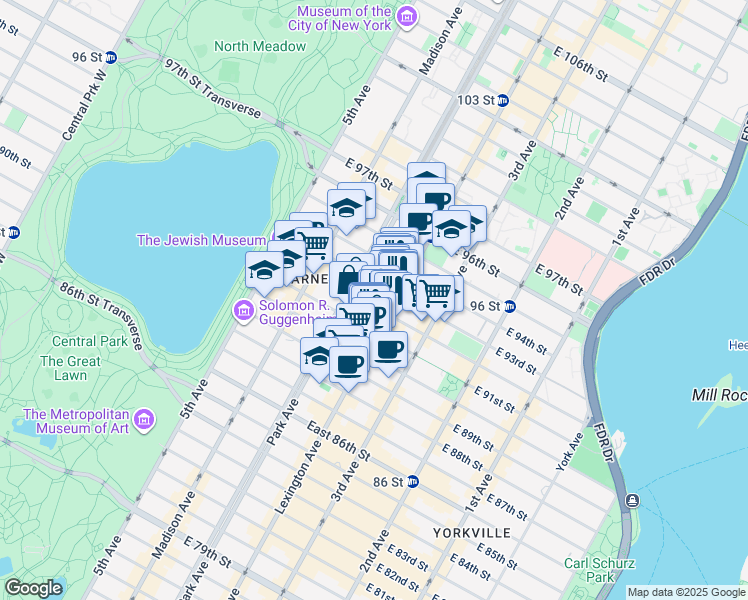 map of restaurants, bars, coffee shops, grocery stores, and more near 115 East 92nd Street in New York