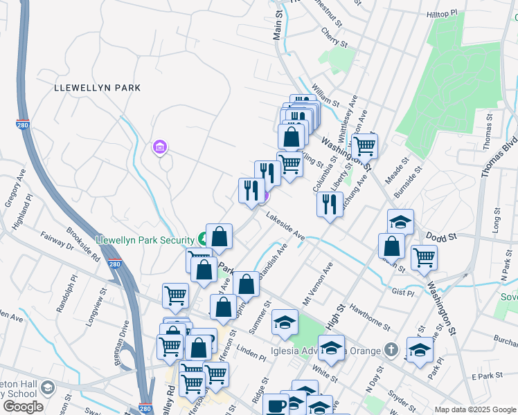 map of restaurants, bars, coffee shops, grocery stores, and more near 120 Lakeside Avenue in West Orange