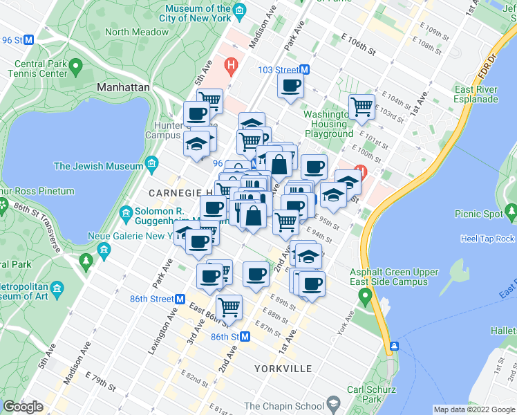 map of restaurants, bars, coffee shops, grocery stores, and more near 1660 3rd Avenue in New York
