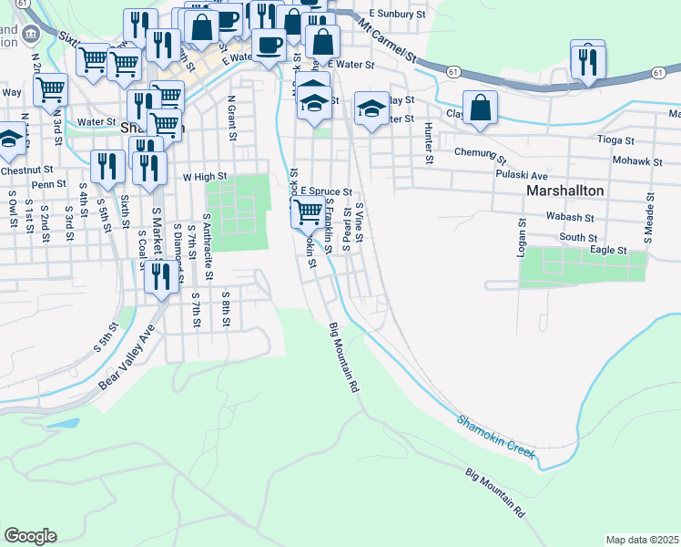 map of restaurants, bars, coffee shops, grocery stores, and more near 401-499 South Pearl Street in Shamokin