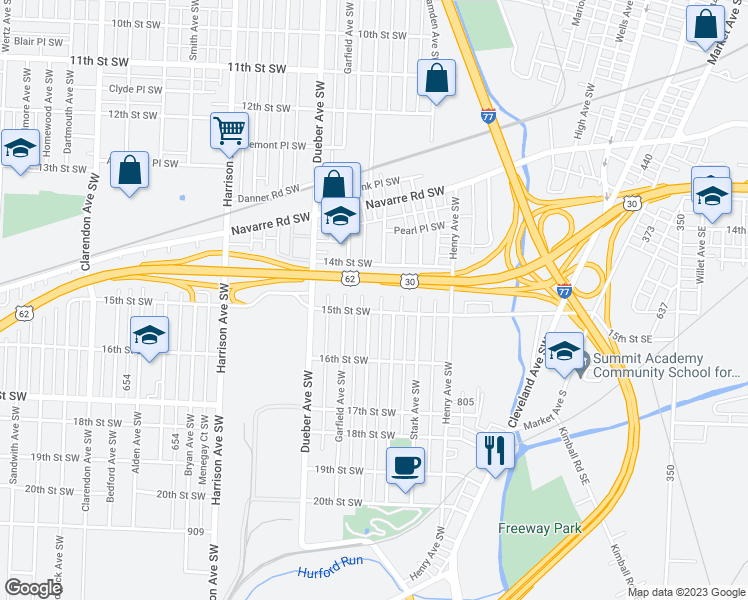 map of restaurants, bars, coffee shops, grocery stores, and more near 1439 Scoville Avenue Southwest in Canton
