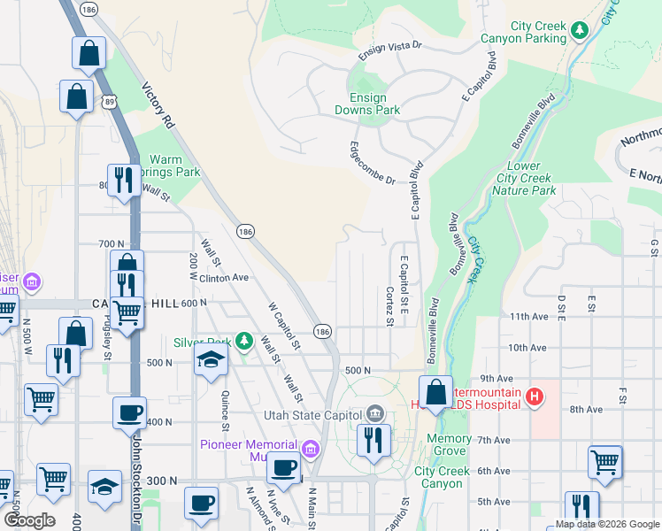 map of restaurants, bars, coffee shops, grocery stores, and more near 650 Columbus Street East in Salt Lake City