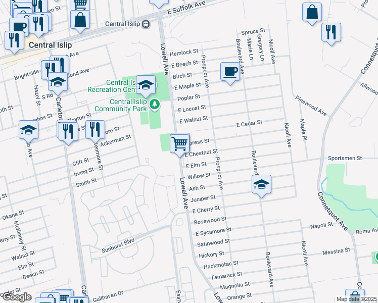 map of restaurants, bars, coffee shops, grocery stores, and more near 12 East Chestnut Street in Central Islip