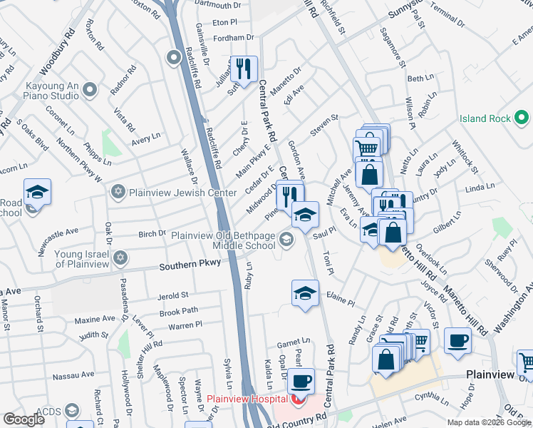 map of restaurants, bars, coffee shops, grocery stores, and more near 16 Pine Street in Plainview
