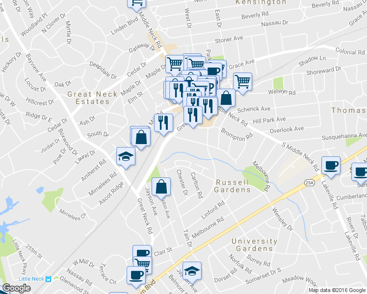 map of restaurants, bars, coffee shops, grocery stores, and more near 40 Knightsbridge Road in Great Neck