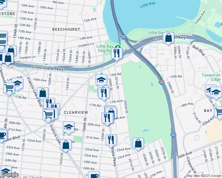 map of restaurants, bars, coffee shops, grocery stores, and more near 199-07 16th Avenue in Queens