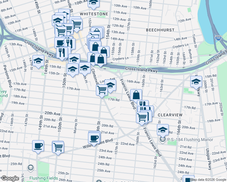 map of restaurants, bars, coffee shops, grocery stores, and more near 16-64 155th Street in Queens