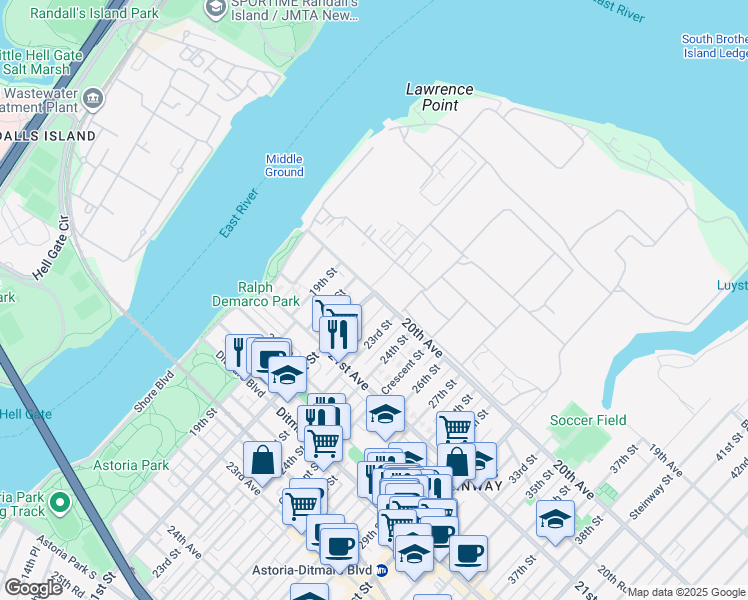 map of restaurants, bars, coffee shops, grocery stores, and more near 20-11 21st Street in Queens