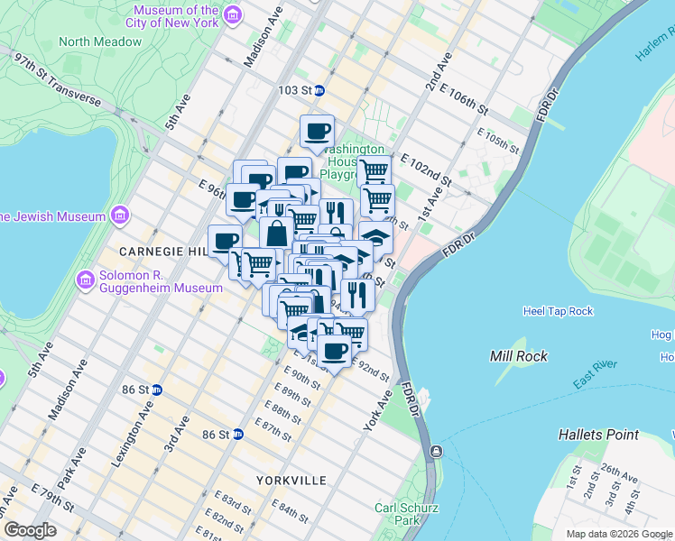 map of restaurants, bars, coffee shops, grocery stores, and more near 1849 2nd Avenue in New York