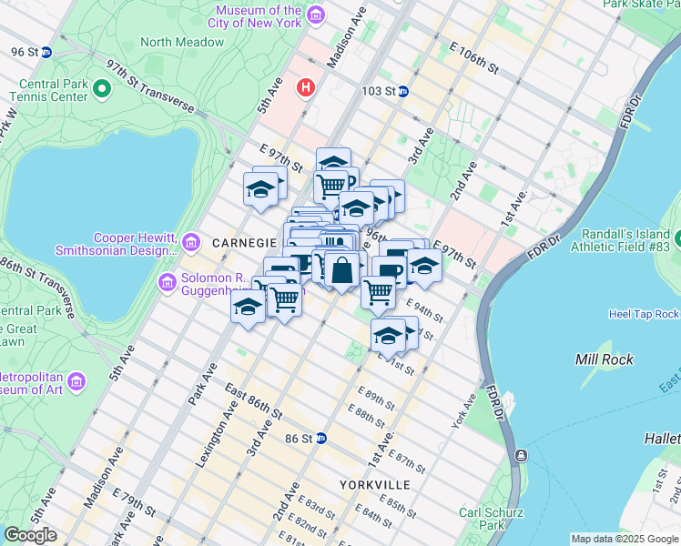 map of restaurants, bars, coffee shops, grocery stores, and more near 176 East 93rd Street in New York