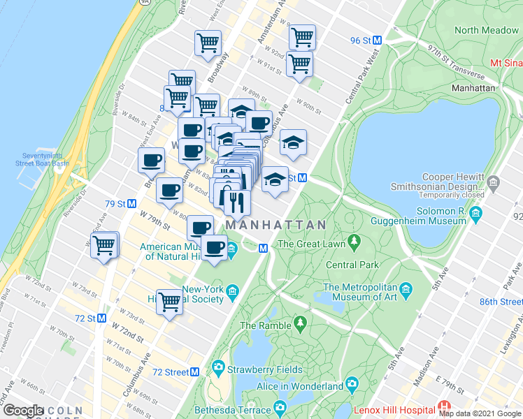 map of restaurants, bars, coffee shops, grocery stores, and more near 31 West 82nd Street in New York