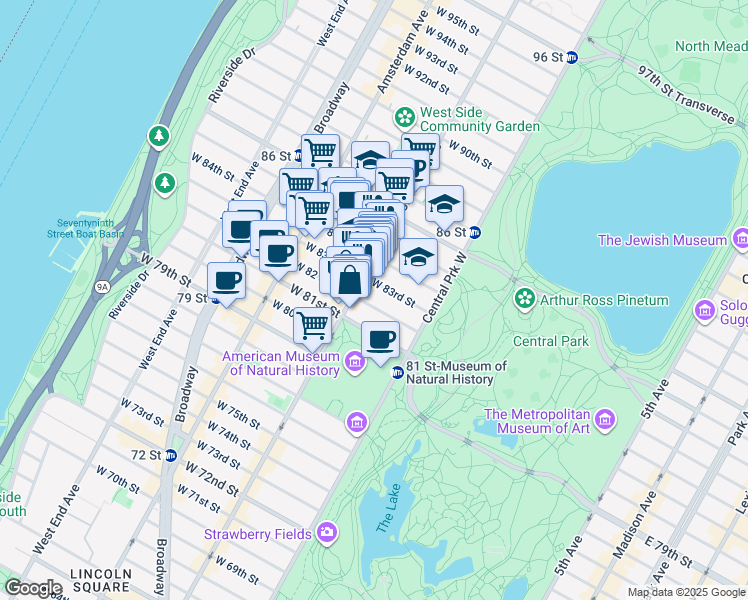 map of restaurants, bars, coffee shops, grocery stores, and more near 31 West 82nd Street in New York