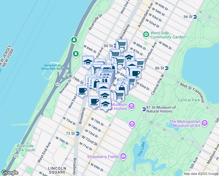 map of restaurants, bars, coffee shops, grocery stores, and more near 163 West 80th Street in New York