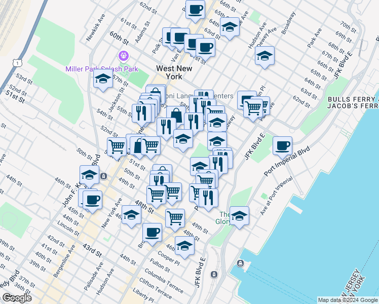 map of restaurants, bars, coffee shops, grocery stores, and more near 234 54th Street in West New York