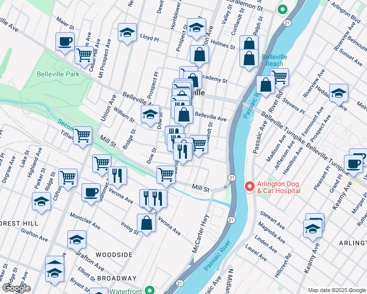 map of restaurants, bars, coffee shops, grocery stores, and more near 69 Washington Avenue in Belleville