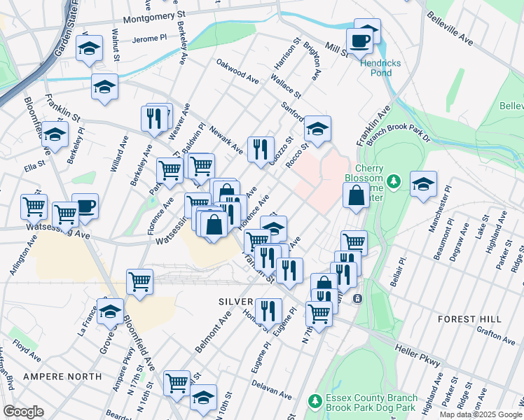 map of restaurants, bars, coffee shops, grocery stores, and more near 34 Florence Avenue in Belleville