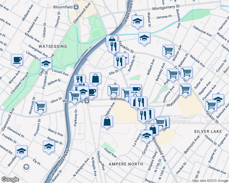 map of restaurants, bars, coffee shops, grocery stores, and more near 17 Grace Street in Bloomfield