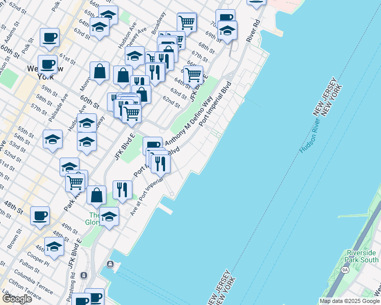 map of restaurants, bars, coffee shops, grocery stores, and more near 11 Avenue at Port Imperial in West New York