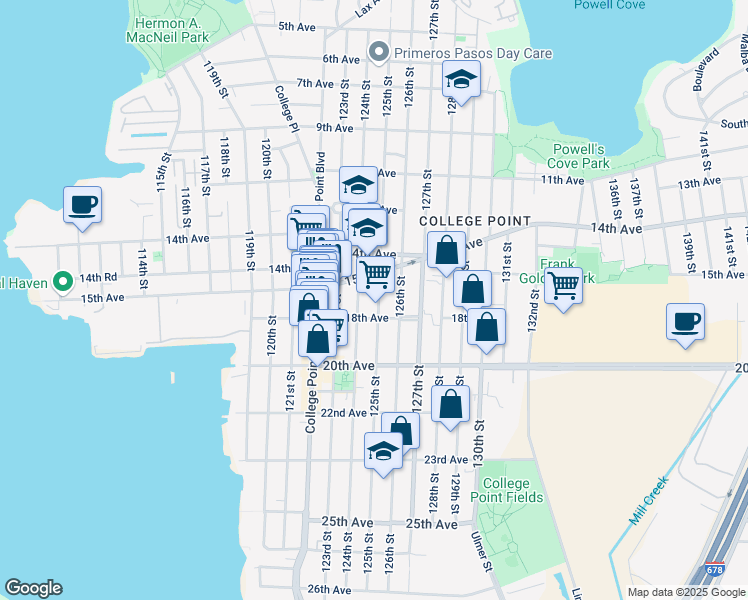 map of restaurants, bars, coffee shops, grocery stores, and more near 1542 125th Street in Queens