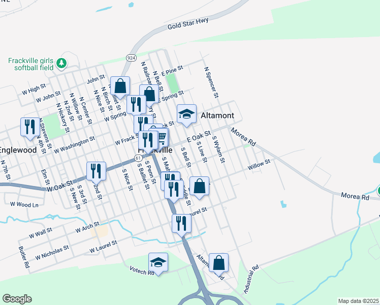 map of restaurants, bars, coffee shops, grocery stores, and more near 130 South Broad Mountain Avenue in Frackville