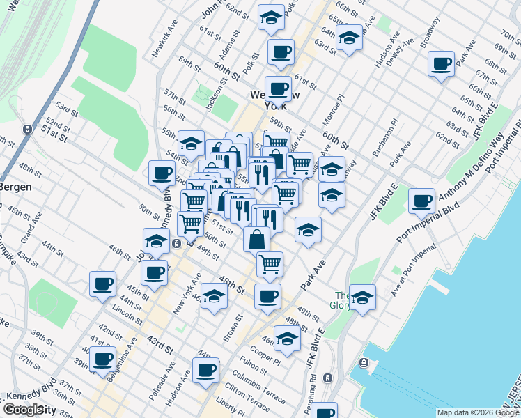 map of restaurants, bars, coffee shops, grocery stores, and more near in West New York
