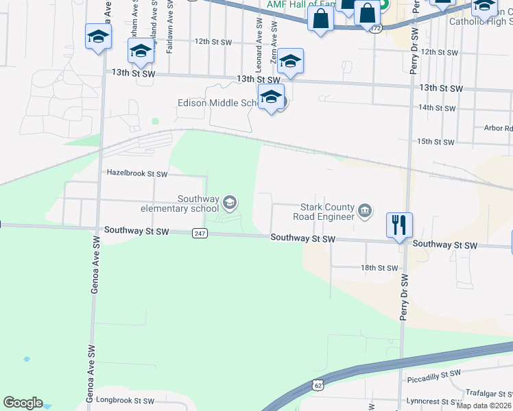 map of restaurants, bars, coffee shops, grocery stores, and more near 1633 Westdale Avenue Southwest in Massillon