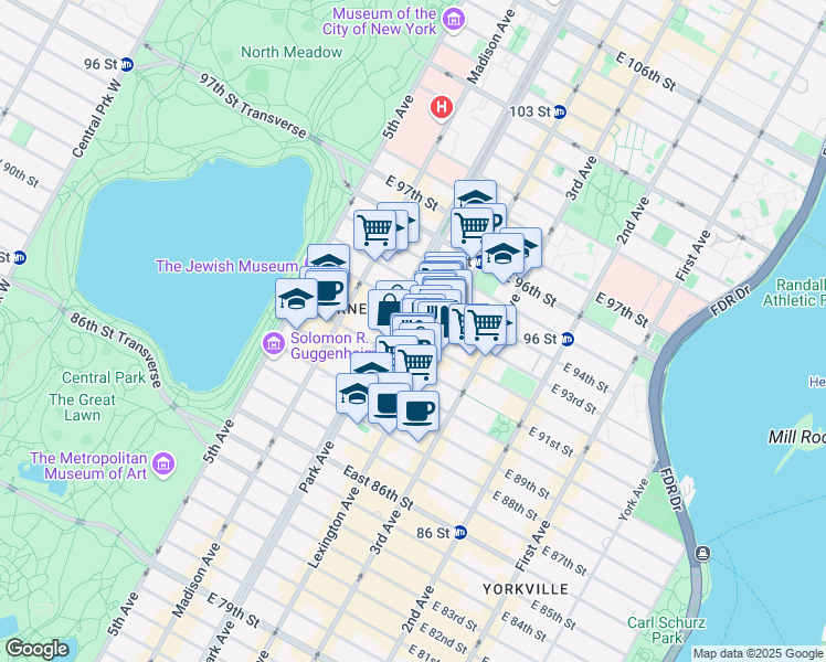 map of restaurants, bars, coffee shops, grocery stores, and more near 111 East 92nd Street in New York