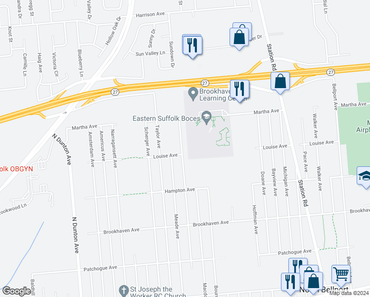 map of restaurants, bars, coffee shops, grocery stores, and more near 909 Provost Avenue in Bellport