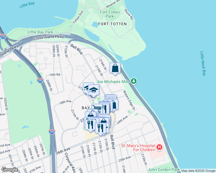 map of restaurants, bars, coffee shops, grocery stores, and more near 18-39 215th Street in Queens