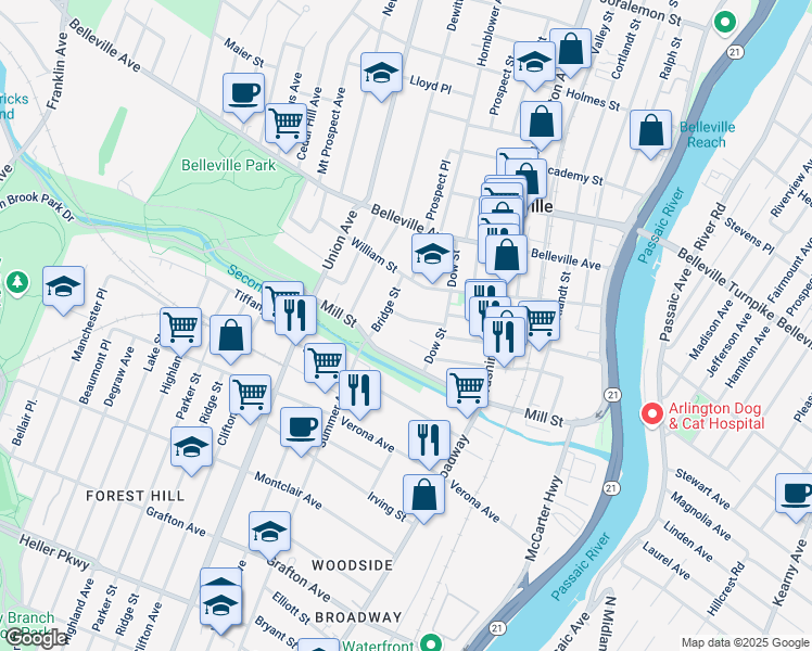 map of restaurants, bars, coffee shops, grocery stores, and more near 27 Church Terrace in Belleville