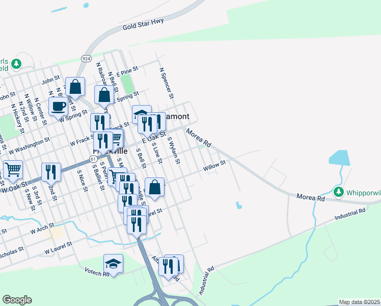 map of restaurants, bars, coffee shops, grocery stores, and more near 214 South Spencer Street in Frackville