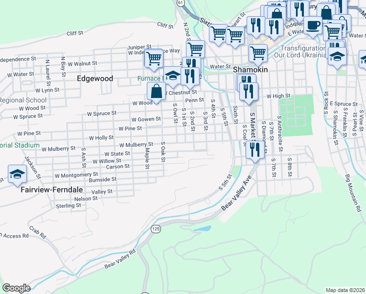 map of restaurants, bars, coffee shops, grocery stores, and more near 700-798 West State Street in Shamokin