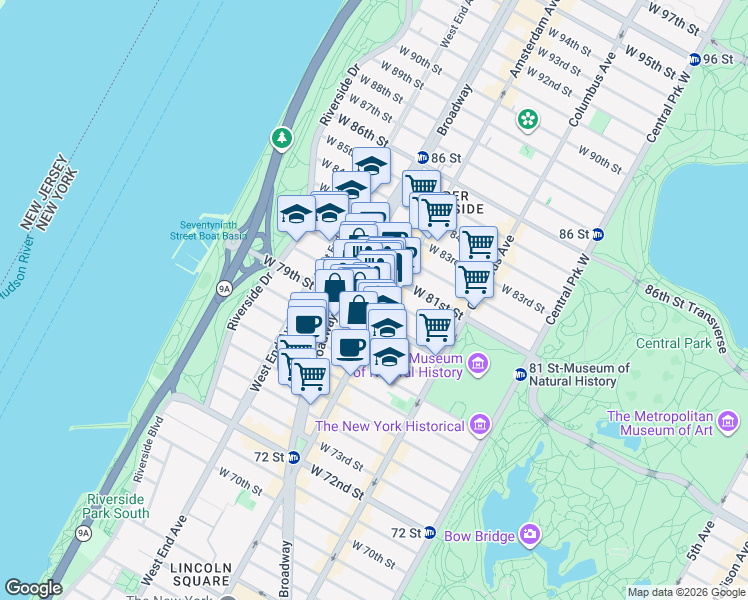 map of restaurants, bars, coffee shops, grocery stores, and more near 202 West 80th Street in New York