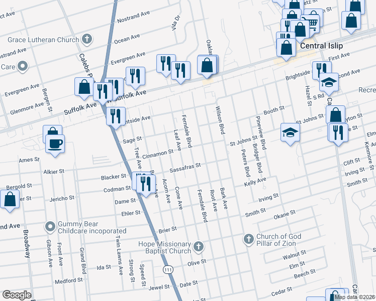 map of restaurants, bars, coffee shops, grocery stores, and more near 269 Leaf Avenue in Central Islip
