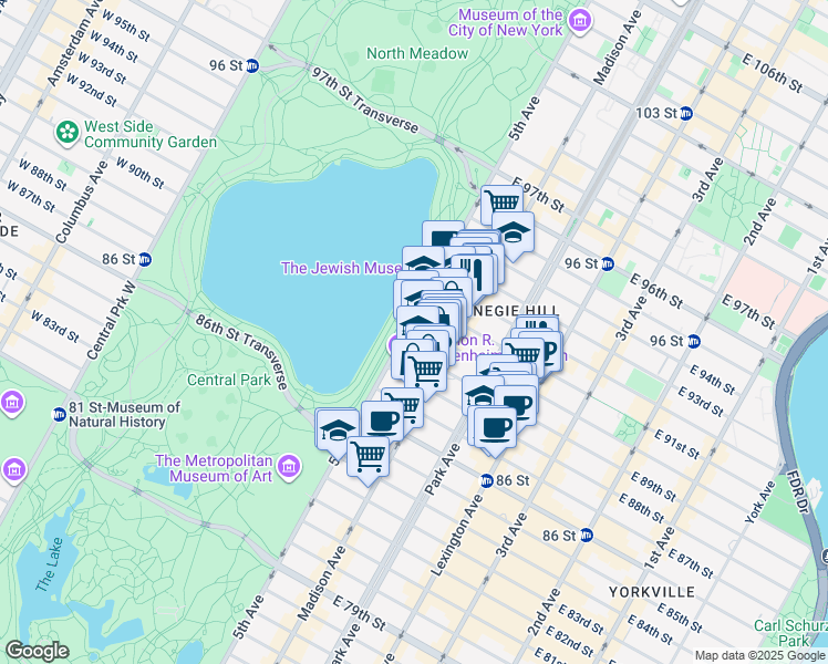 map of restaurants, bars, coffee shops, grocery stores, and more near 2 East 90th Street in New York